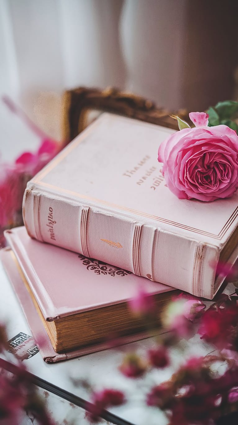 Livros delicados com flor rosa em cena poética